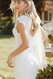 White Sheath Lace Cap Sleeves Long Wedding Dress with Slit