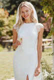 White Sheath Lace Cap Sleeves Long Wedding Dress with Slit