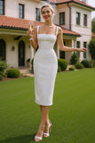 White Square Neck Satin Sheath Midi Wedding Dress with Buttons