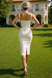White Square Neck Satin Sheath Midi Wedding Dress with Buttons