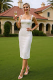 White Square Neck Satin Sheath Midi Wedding Dress with Buttons