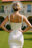 White Square Neck Satin Sheath Midi Wedding Dress with Buttons