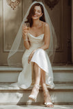 White Spaghetti Straps Satin Mermaid Long Wedding Dress