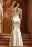 White Spaghetti Straps Satin Mermaid Long Wedding Dress
