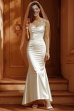 White Spaghetti Straps Satin Mermaid Long Wedding Dress
