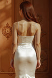 White Spaghetti Straps Satin Mermaid Long Wedding Dress