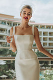White Satin Sheath Square Neck Long Wedding Dress