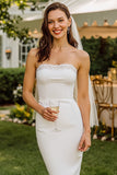 White Lace Strapless Midi Bodycon Wedding Dress with Back Zipper
