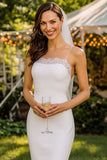 White Lace Spaghetti Straps Bodycon Midi Wedding Dress