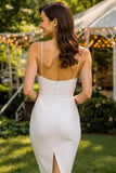 White Lace Spaghetti Straps Bodycon Midi Wedding Dress