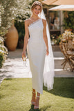 White One Shoulder Lace Sheath Midi Wedding Dress