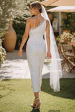 White One Shoulder Lace Sheath Midi Wedding Dress