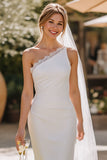 White One Shoulder Lace Sheath Midi Wedding Dress