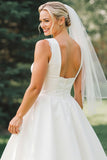 White Boat Neck A Line Midi Satin Wedding Dress