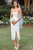 White Strapless Lace Sheath Midi Wedding Dress with Slit