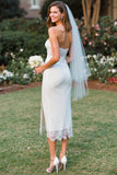 White Strapless Lace Sheath Midi Wedding Dress with Slit