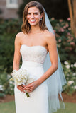 White Strapless Lace Sheath Midi Wedding Dress with Slit
