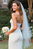 White Strapless Lace Sheath Midi Wedding Dress with Slit