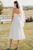 Strapless Lace White A Line Midi Wedding Dress