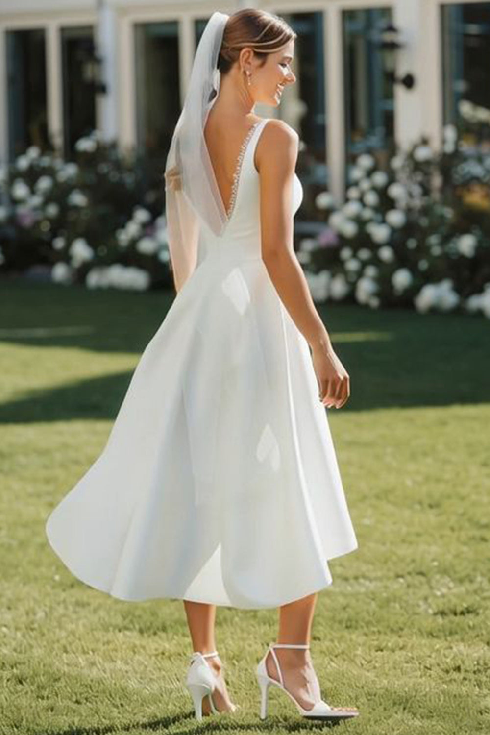 ZAPAKA Women White V Neck Wedding Dress Lace A Line Midi Satin Engagement Dress with Back Zipper ZAPAKA Women White V Neck Wedding Dress Lace A Line Midi Satin Engagement Dress with Back Zipper