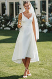 White V Neck Lace A Line Midi Satin Wedding Dress