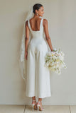 White Boat Neck Satin A Line Long Wedding Suits