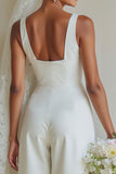 White Boat Neck Satin A Line Long Wedding Suits