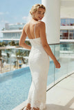 Lace Spaghetti Straps White Sheath Long Wedding Dress