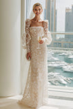 Lace Apricot Strapless Sheath Long Wedding Dress with Long Sleeves