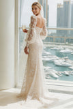 Lace Apricot Strapless Sheath Long Wedding Dress with Long Sleeves