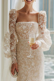 Lace Apricot Strapless Sheath Long Wedding Dress with Long Sleeves