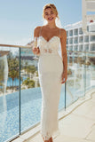 Ivory Lace Sheath Spaghetti Straps Midi Wedding Dress