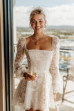 Apricot Lace Square Neck Midi Wedding Dress with Long Sleeves