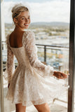 Apricot Lace Square Neck Midi Wedding Dress with Long Sleeves