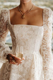 Apricot Lace Square Neck Midi Wedding Dress with Long Sleeves