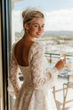 Apricot Lace Square Neck Midi Wedding Dress with Long Sleeves