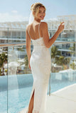 Lace Apricot Spaghetti Straps Sheath Long Wedding Dress