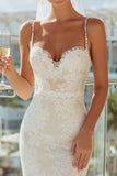 Lace Apricot Spaghetti Straps Sheath Long Wedding Dress