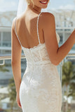 Lace Apricot Spaghetti Straps Sheath Long Wedding Dress