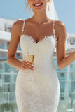 Lace Spaghetti Straps Ivory Sheath Long Wedding Dress