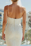 Lace Spaghetti Straps Sheath Ivory Long Wedding Dress