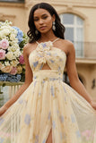 Yellow A-Line Floral Cut Out 3D Flower Long Prom Dress with Slit