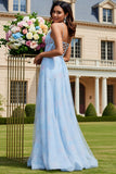 Light Blue Floral A-Line Lace Up Back Corset Long Prom Dress with Slit