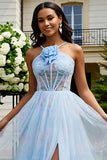 Light Blue Floral A-Line Lace Up Back Corset Long Prom Dress with Slit