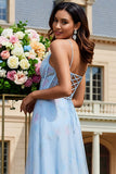 Light Blue Floral A-Line Lace Up Back Corset Long Prom Dress with Slit