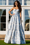 Light Blue Strapless A-Line Satin Print Floral Long Prom Dress