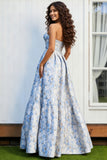 Light Blue Strapless A-Line Satin Print Floral Long Prom Dress
