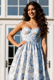 Light Blue Strapless A-Line Satin Print Floral Long Prom Dress