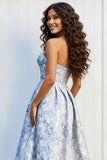 Light Blue Strapless A-Line Satin Print Floral Long Prom Dress