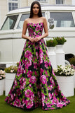 Black Fuchsia Flower A-Line Strapless Satin Long Prom Dress